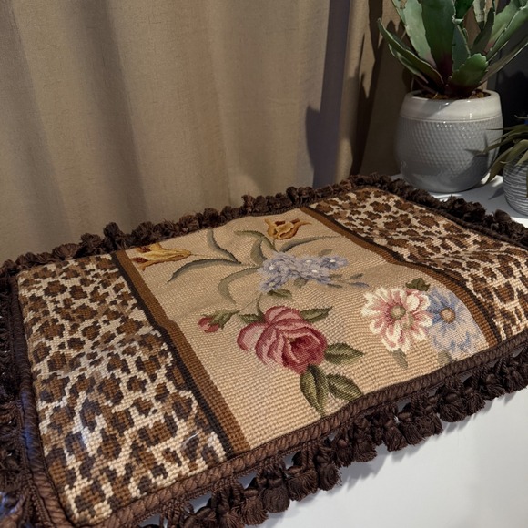 Vintage Style‎ Needlepoint Floral Leopard Print Pillow Cover Brown Tassel Fringe